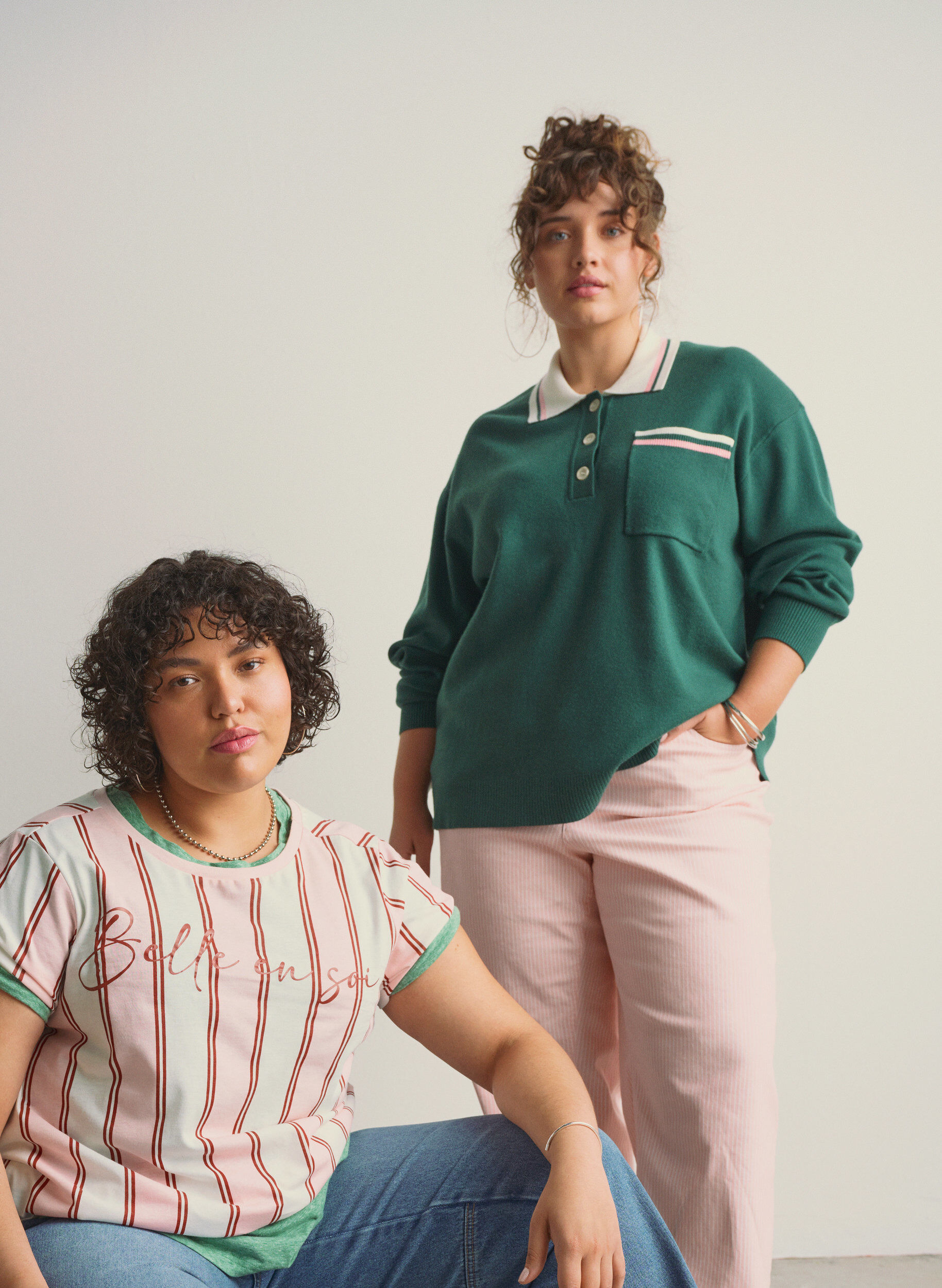 Zizzifashion Knit blouse with polo collar and contrast stripes, Green, Image image number 0