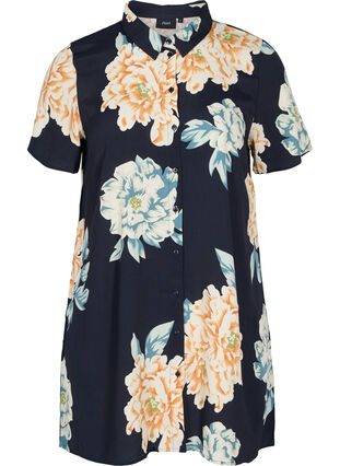 Printed viscose tunic with buttons, Roses on Navy, Packshot image number 0