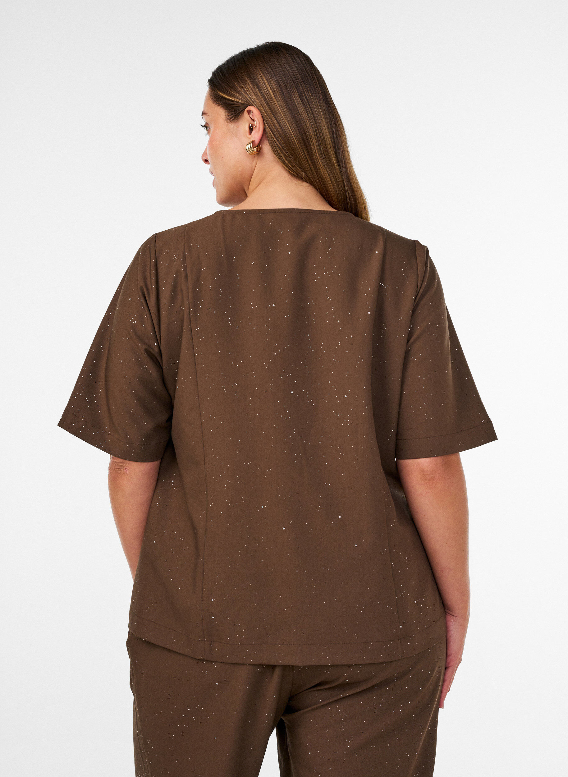 ZizzifashionBlouse with glitter and V-neck, Brown, Model image number 2