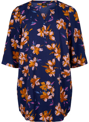Floral tunic with 3/4 sleeves, Peacoat Flower AOP, Packshot image number 0