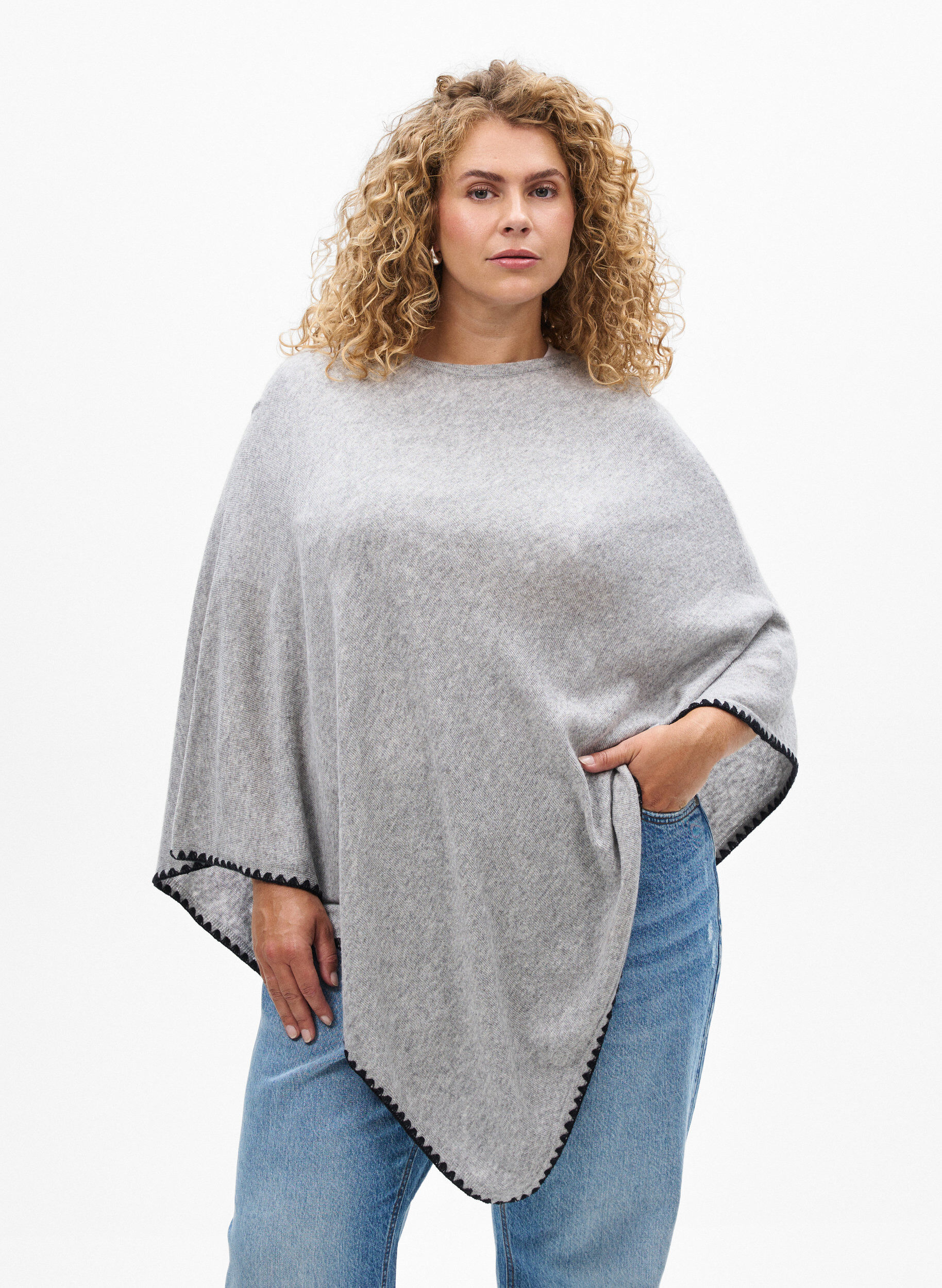 ZizzifashionFine-knit poncho, Grey, Model image number 0