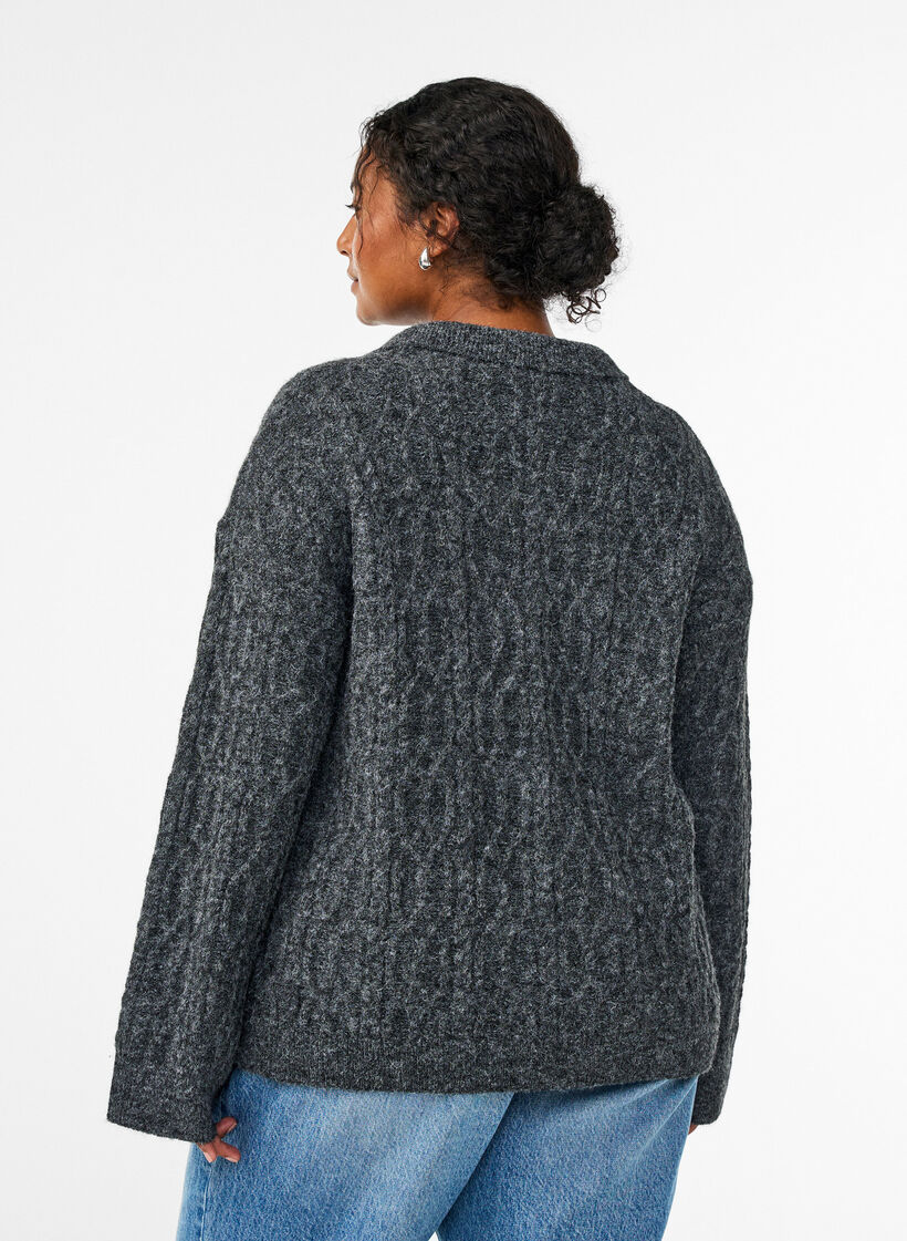 Cable knit sweater with polo collar, Dark Grey, Model image number 2