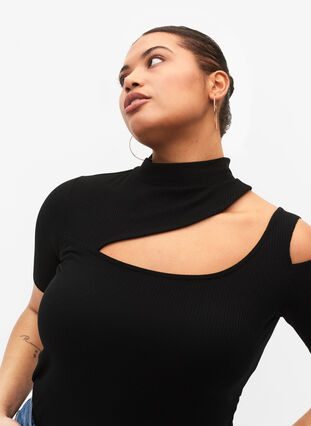 Short-sleeved blouse with cut-out section, Black, Model image number 2