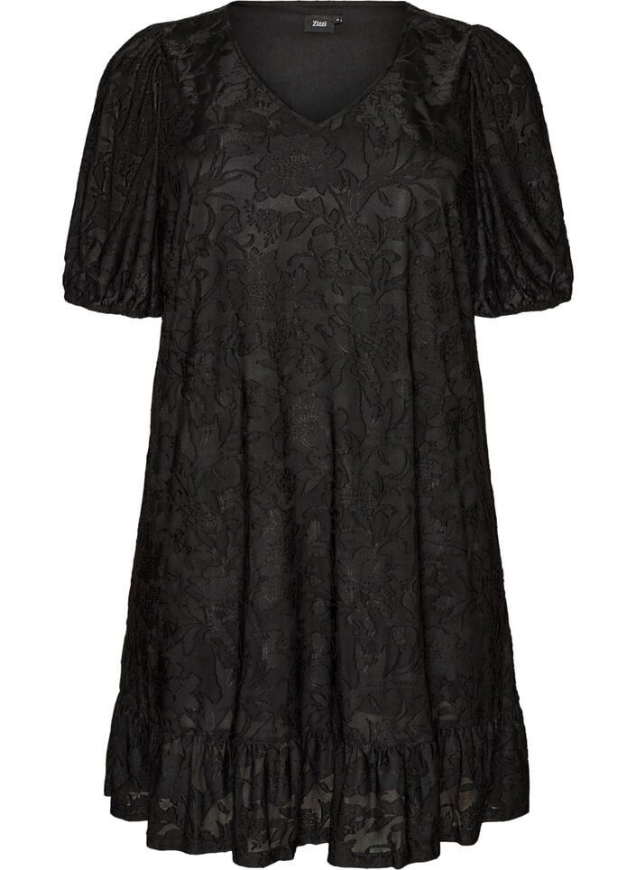 Dress with floral texture and ruffle trim, Black, Packshot image number 0