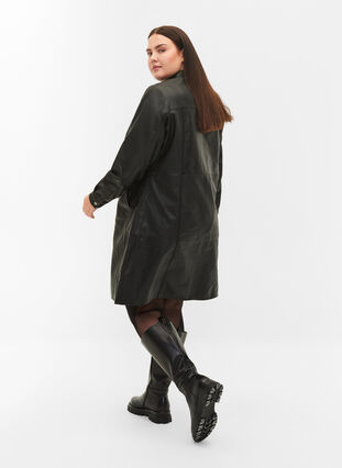 Leather dress with long sleeves and button fastening, Black, Model image number 1