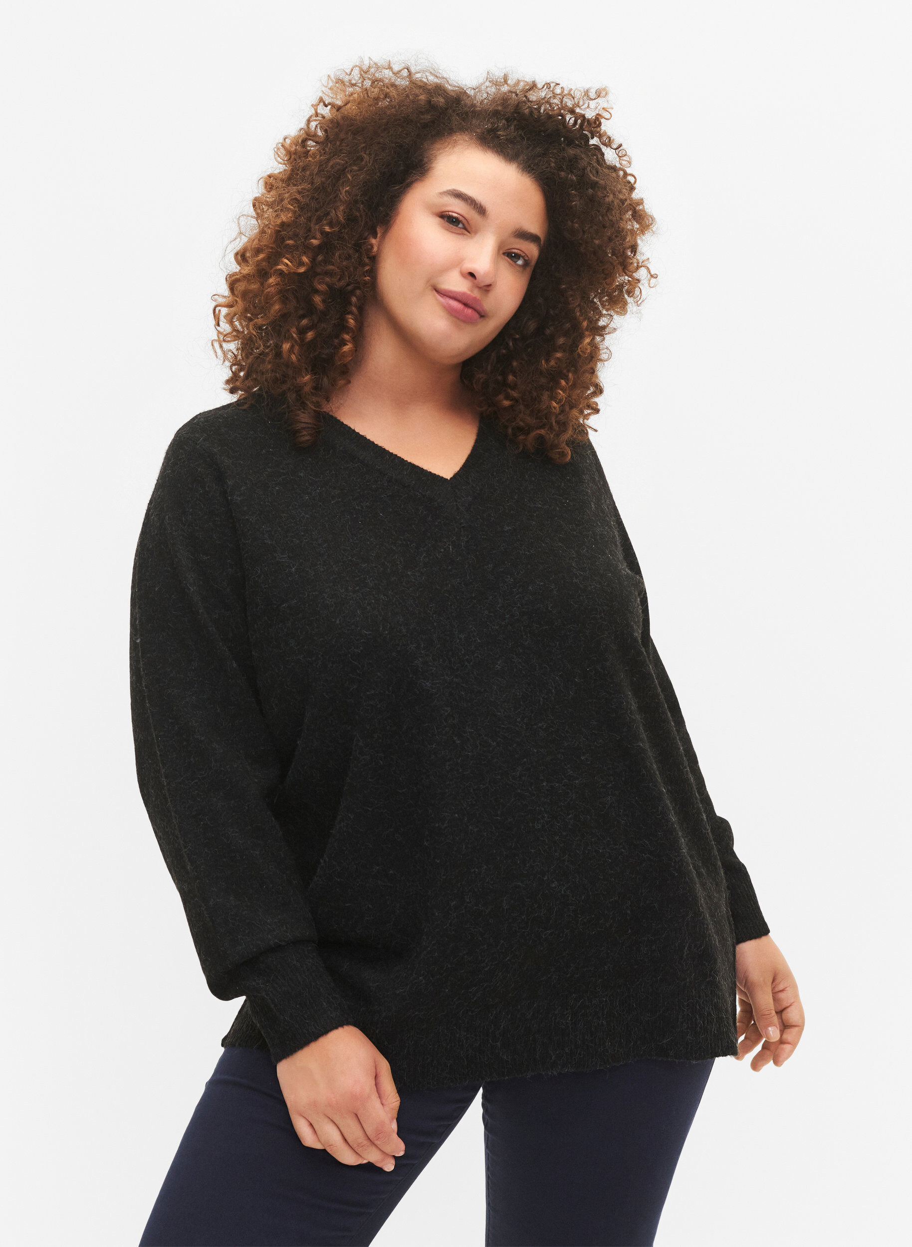 Zizzifashion Melange v-neck pullover, Dark Grey Melange, Model image number 0