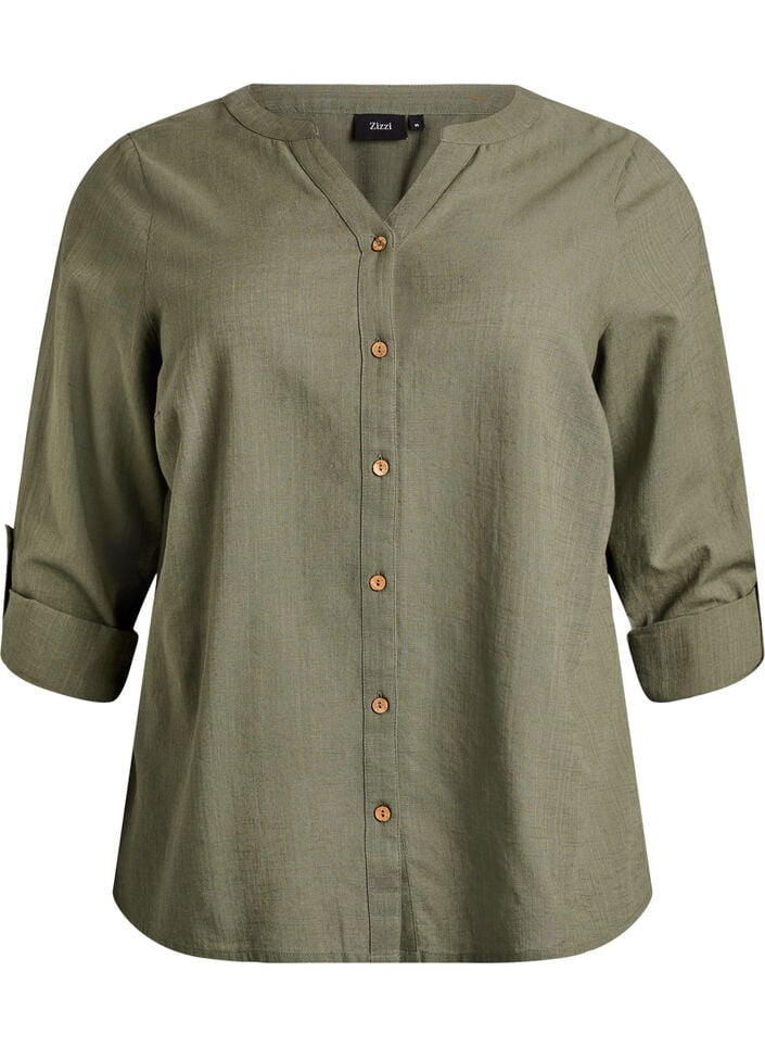 Cotton shirt blouse with V-neck, Green, Packshot image number 0