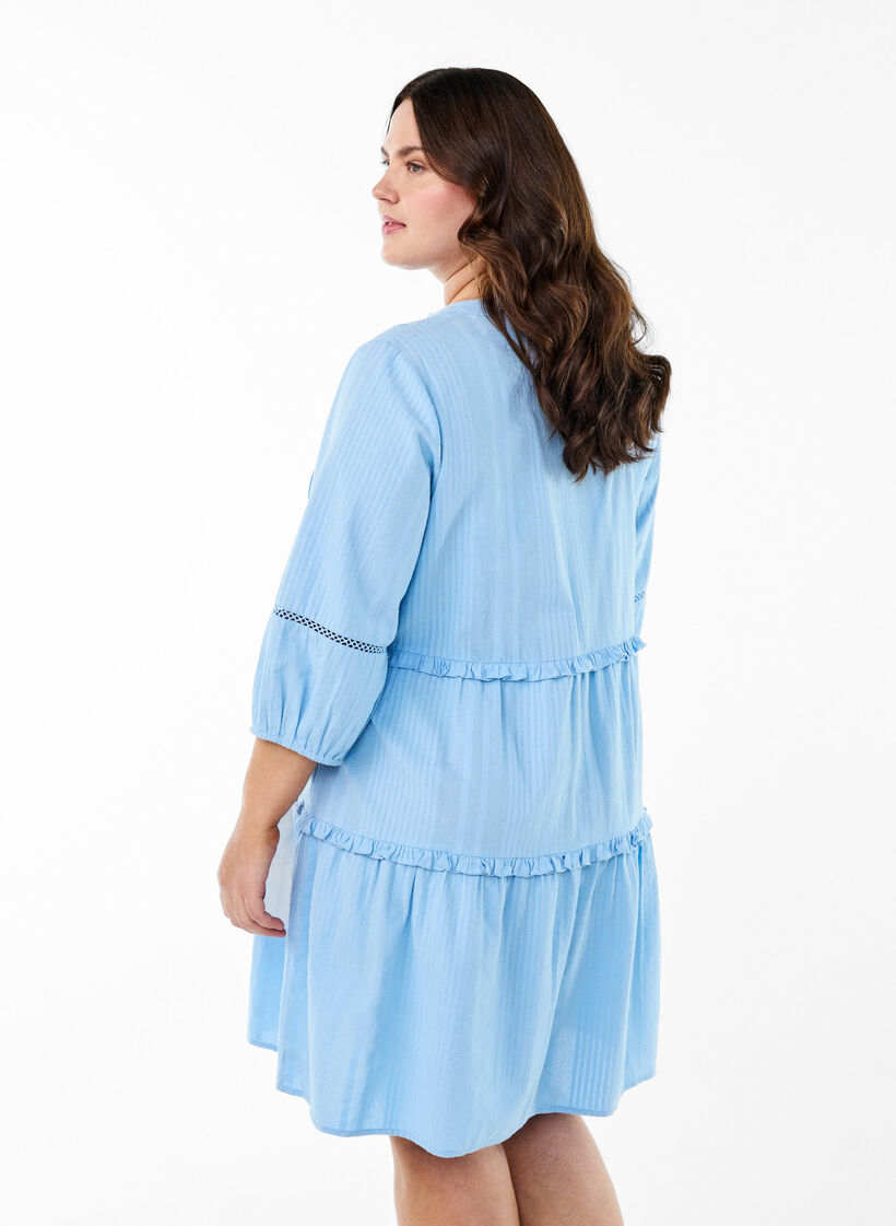 3/4 sleeve cotton dress with ruffles, Light Blue, Model image number 2