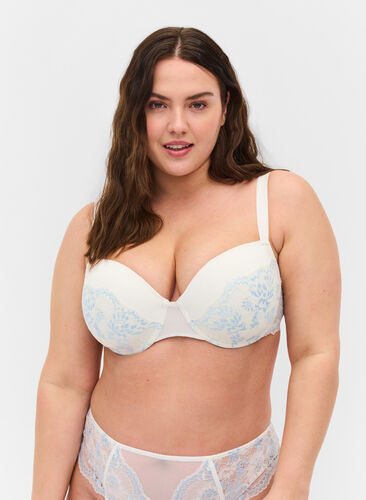 Underwired bra with lace, Tofu w. blue, Model image number 0