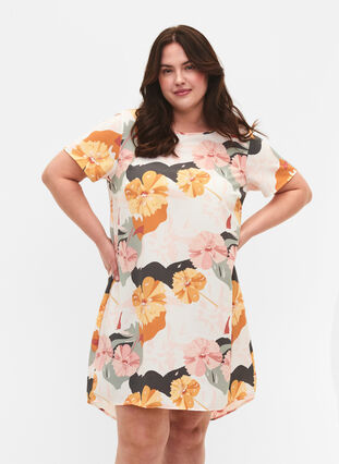 Dress with print and short sleeves, Rose Big Flower, Model image number 0