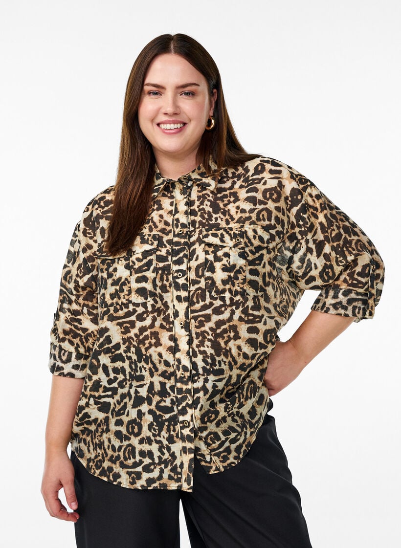 Loose shirt with animal print and chest pockets, Brown, Model image number 0