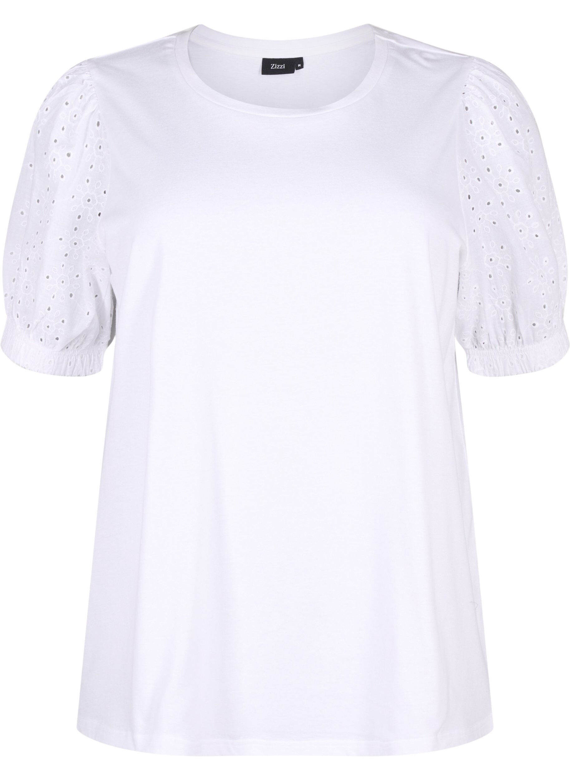 Zizzifashion Organic cotton blouse with broderie anglaise sleeves, Bright White, Packshot image number 0