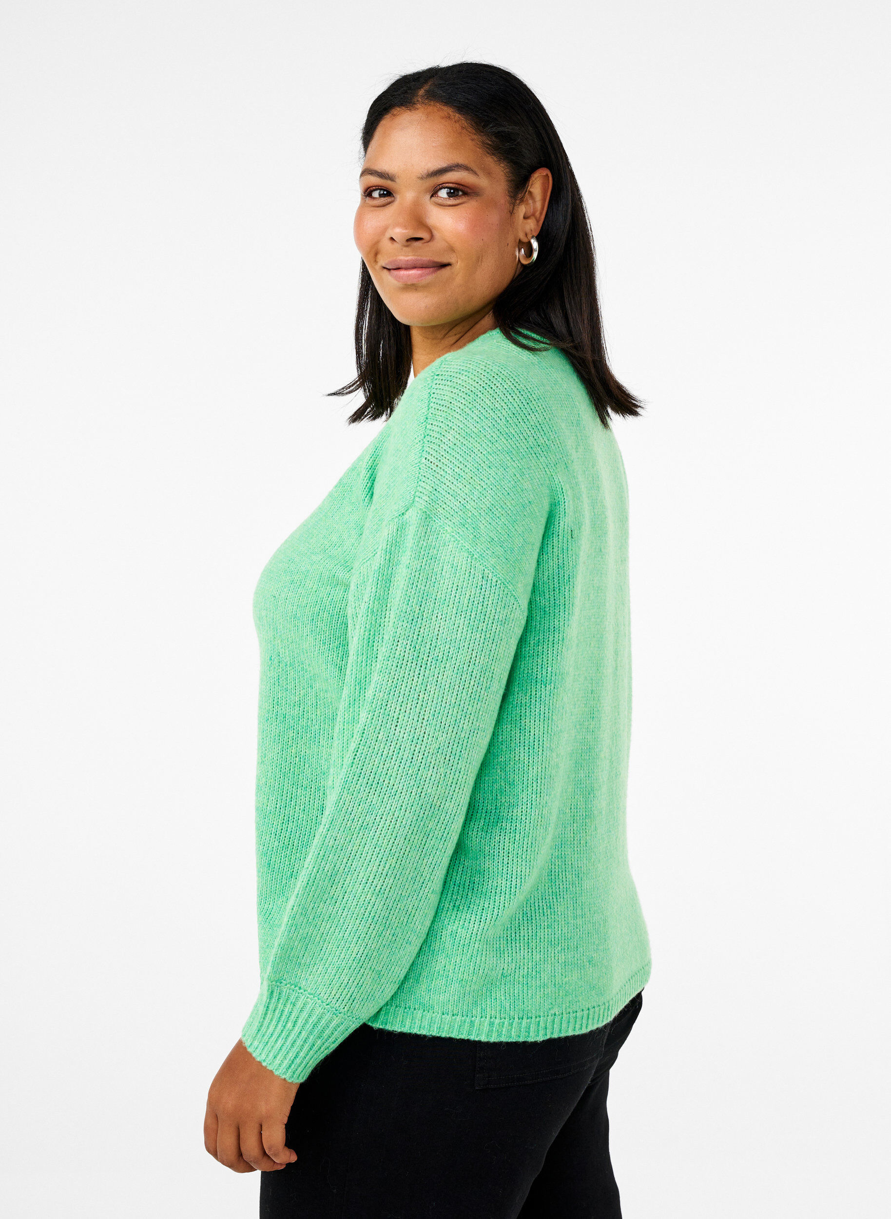 Zizzifashion Long-sleeved knitted jumper with wool and a round neck, Light G. Green Mel., Model image number 1