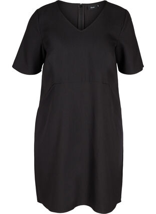 Plain-coloured sheath dress with a v-neck, Black, Packshot image number 0