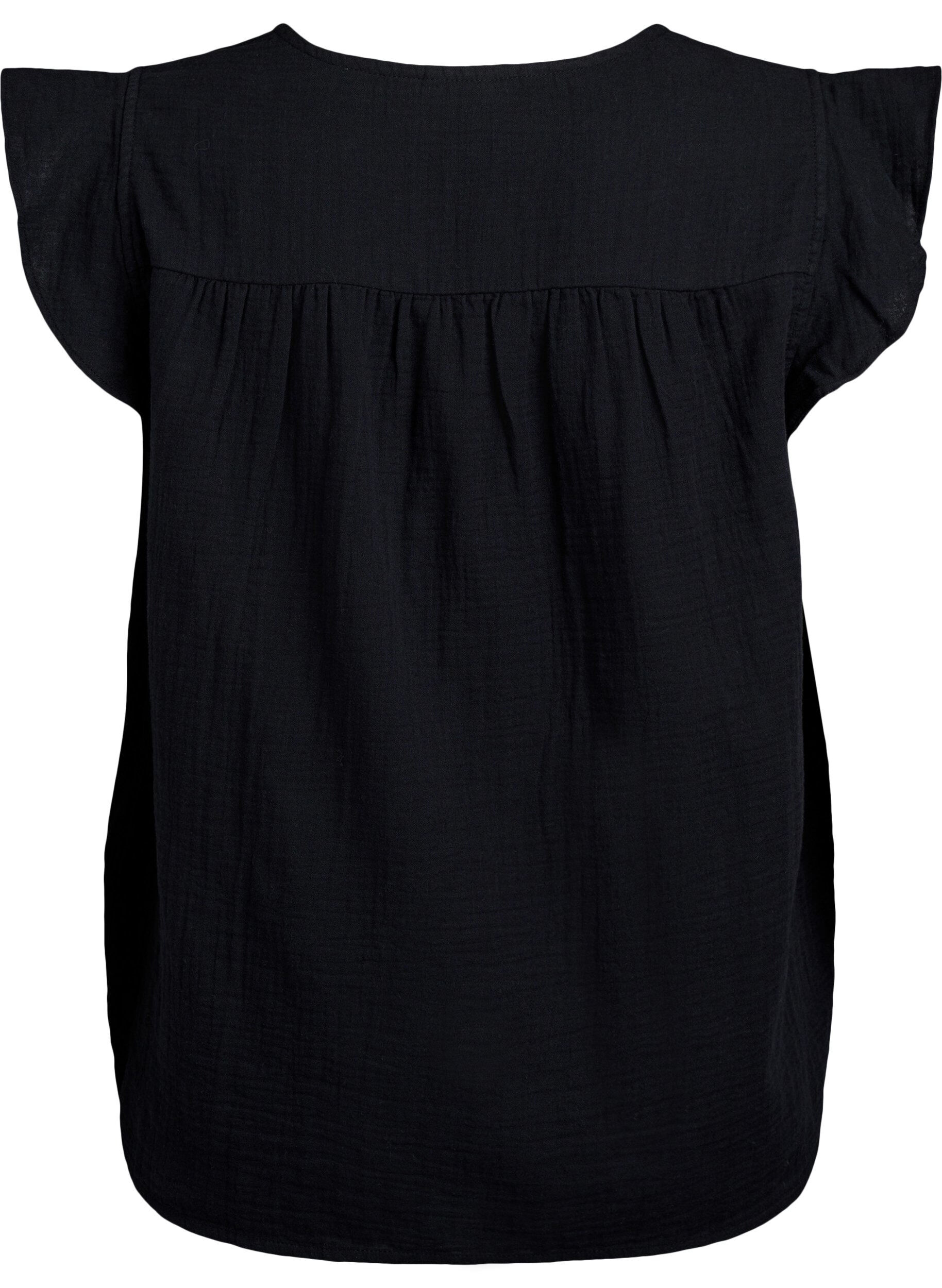 ZizzifashionSleeveless top in cotton muslin with ruffles, Black, Packshot image number 1
