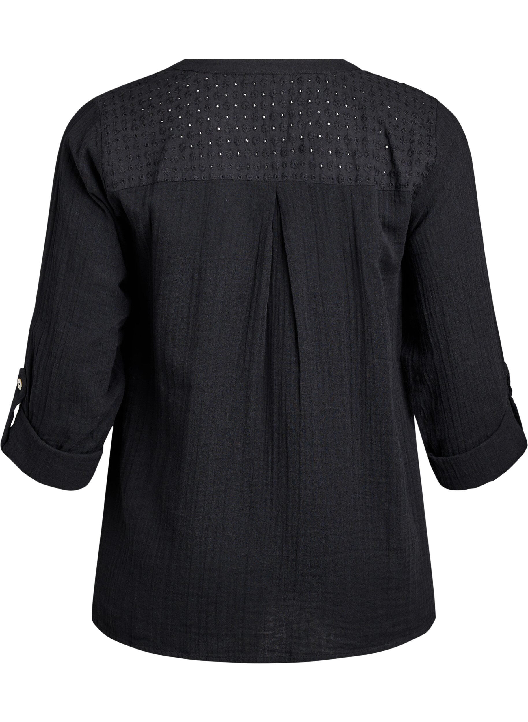 Zizzifashion Blouse in cotton muslin with broderie anglaise, Black, Packshot image number 1