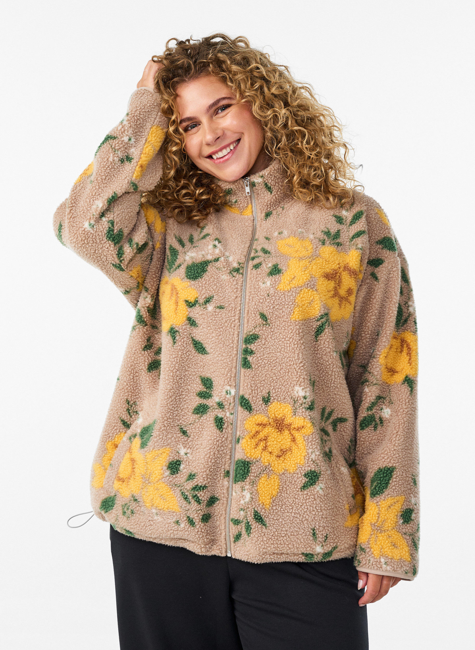 Floral fleece jacket with a high neck and zip, Beige, Model