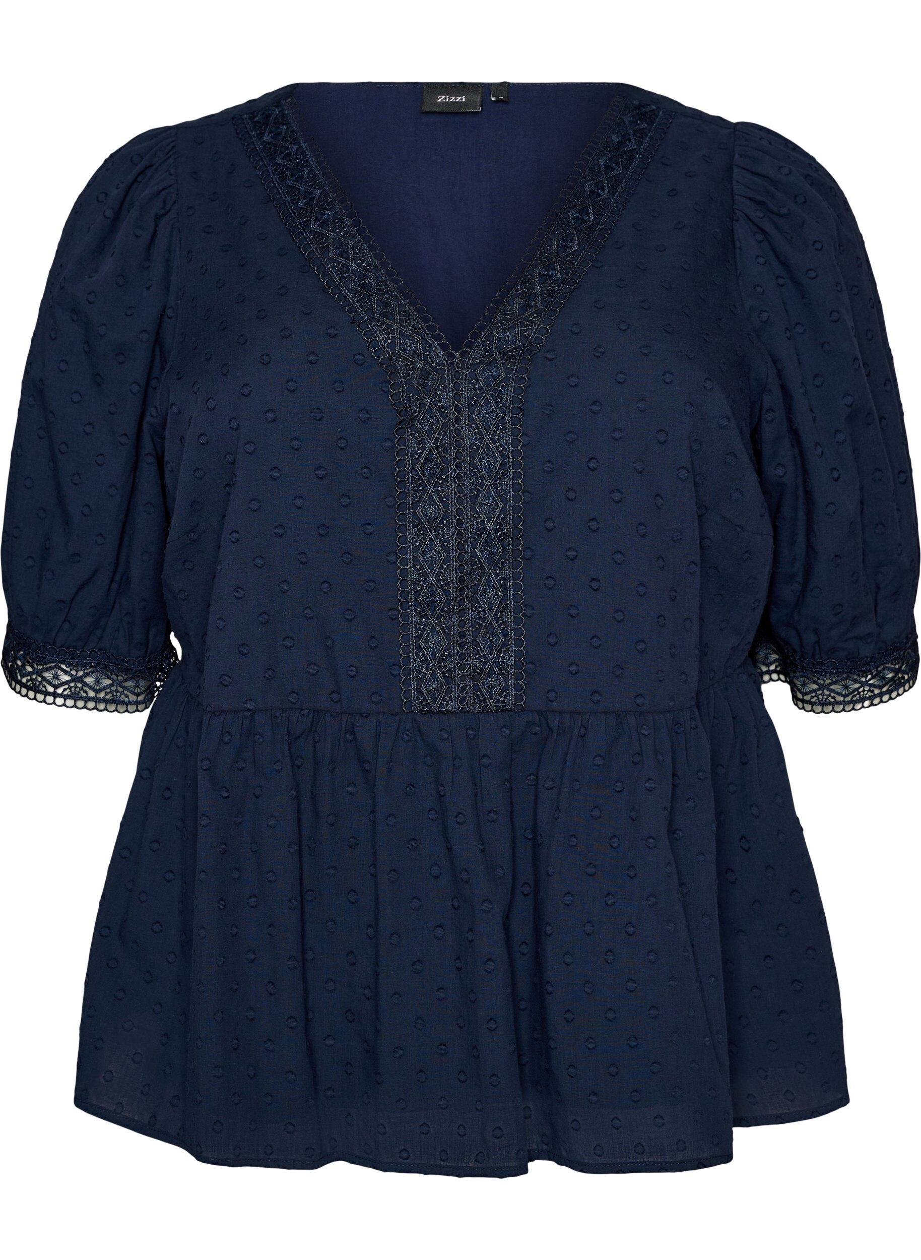 Zizzifashion Blouse in textured cotton with crochet details, Blue, Packshot image number 0