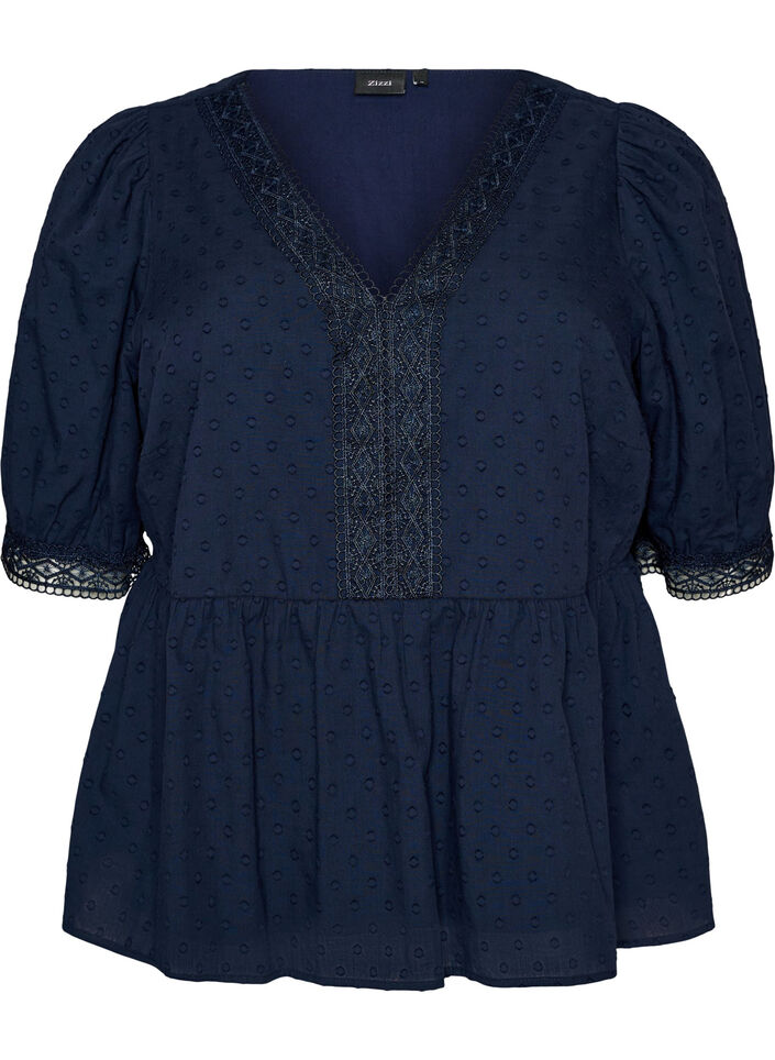 Blouse in textured cotton with crochet details, Blue, Packshot image number 0