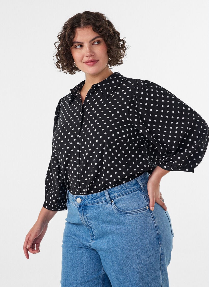 Shirt with dotted pattern and 3/4 sleeves, Black, Model image number 0
