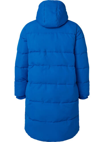 Long puffer jacket with pockets and hood, French Blue, Packshot image number 1