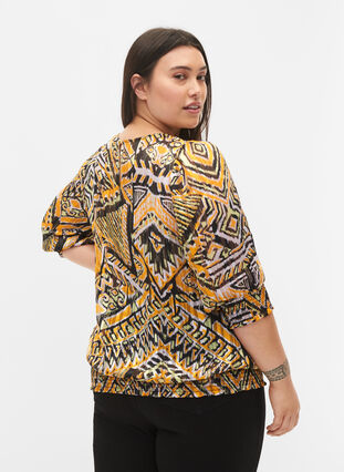 Printed top with smock and 3/4 sleeves, Yellow Aztec AOP, Model image number 1