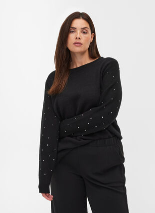 Knitted blouse with ribbing and rhinestones, Black, Model image number 0