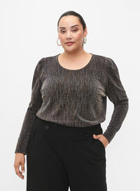 Gold-colored glitter blouse with long sleeves, Black w. Gold, Model