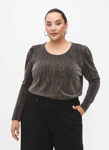 Gold-colored glitter blouse with long sleeves, Black w. Gold, Model image number 0