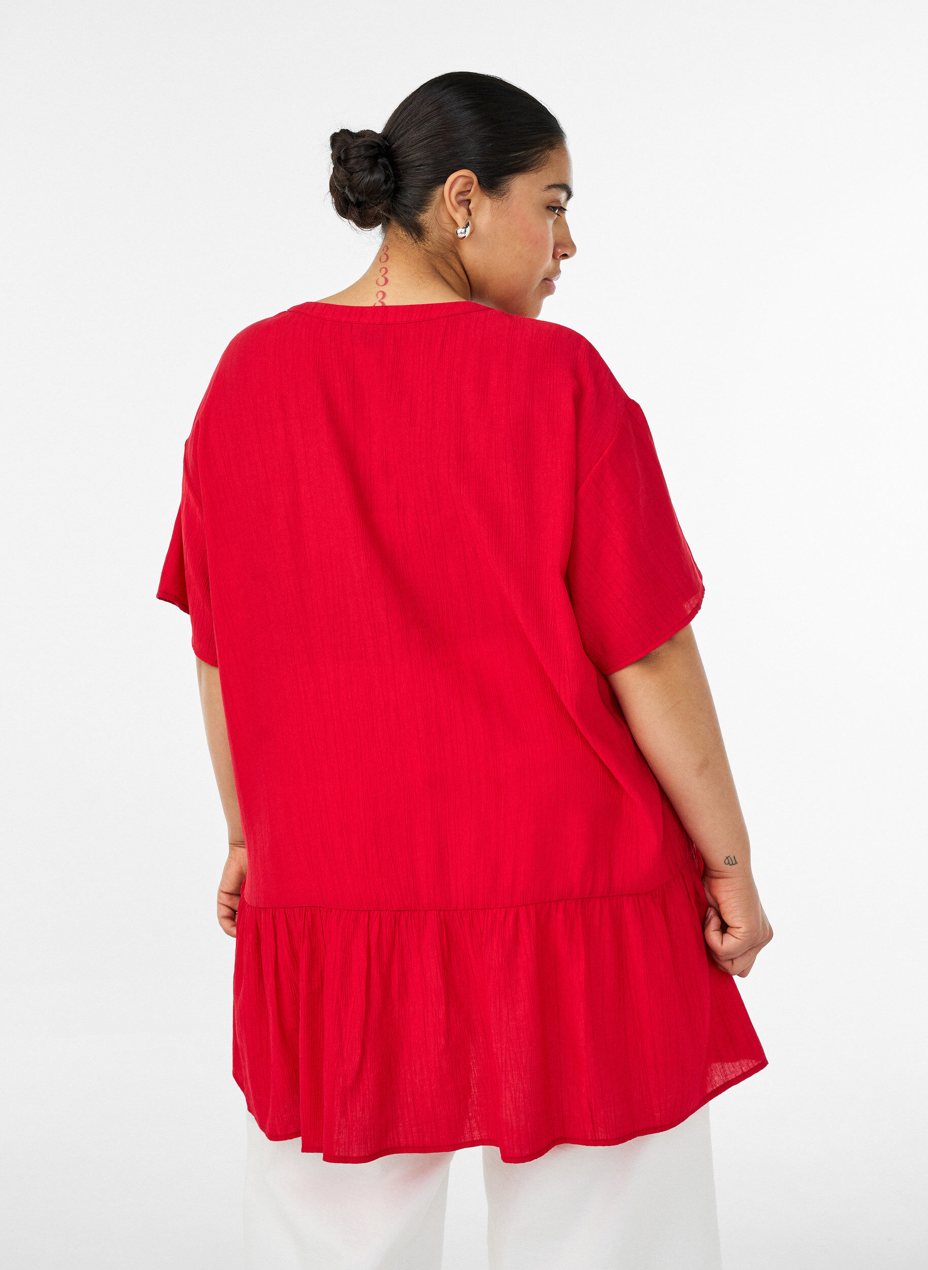ZizzifashionLoose tunic with crinkled texture and ruffle hem, Red, Model image number 2