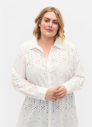 Shirt dress with embroidery anglaise, Bright White, Model image number 2