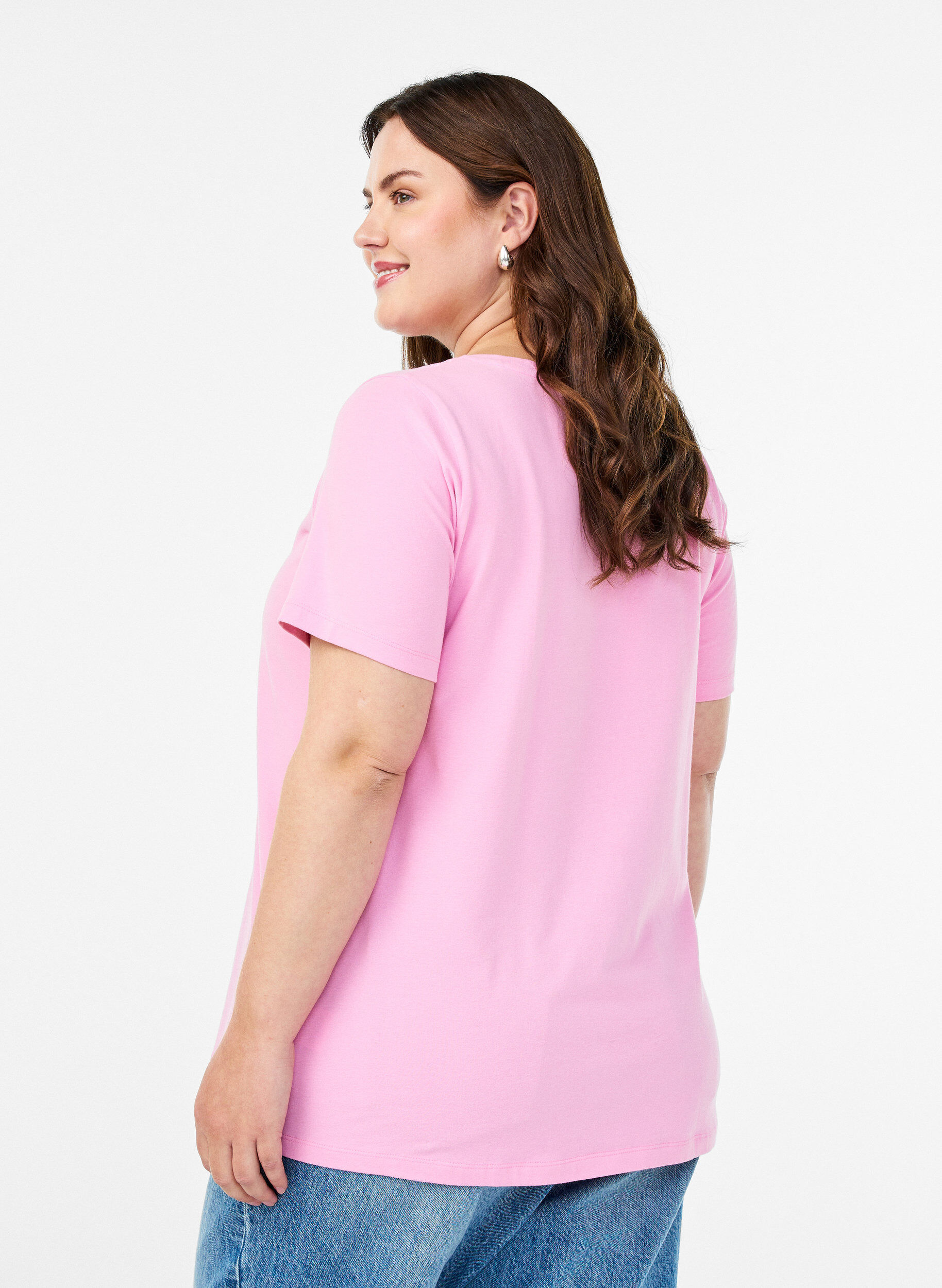 ZizzifashionSolid-coloured basic cotton T-shirt, Pink, Model image number 2