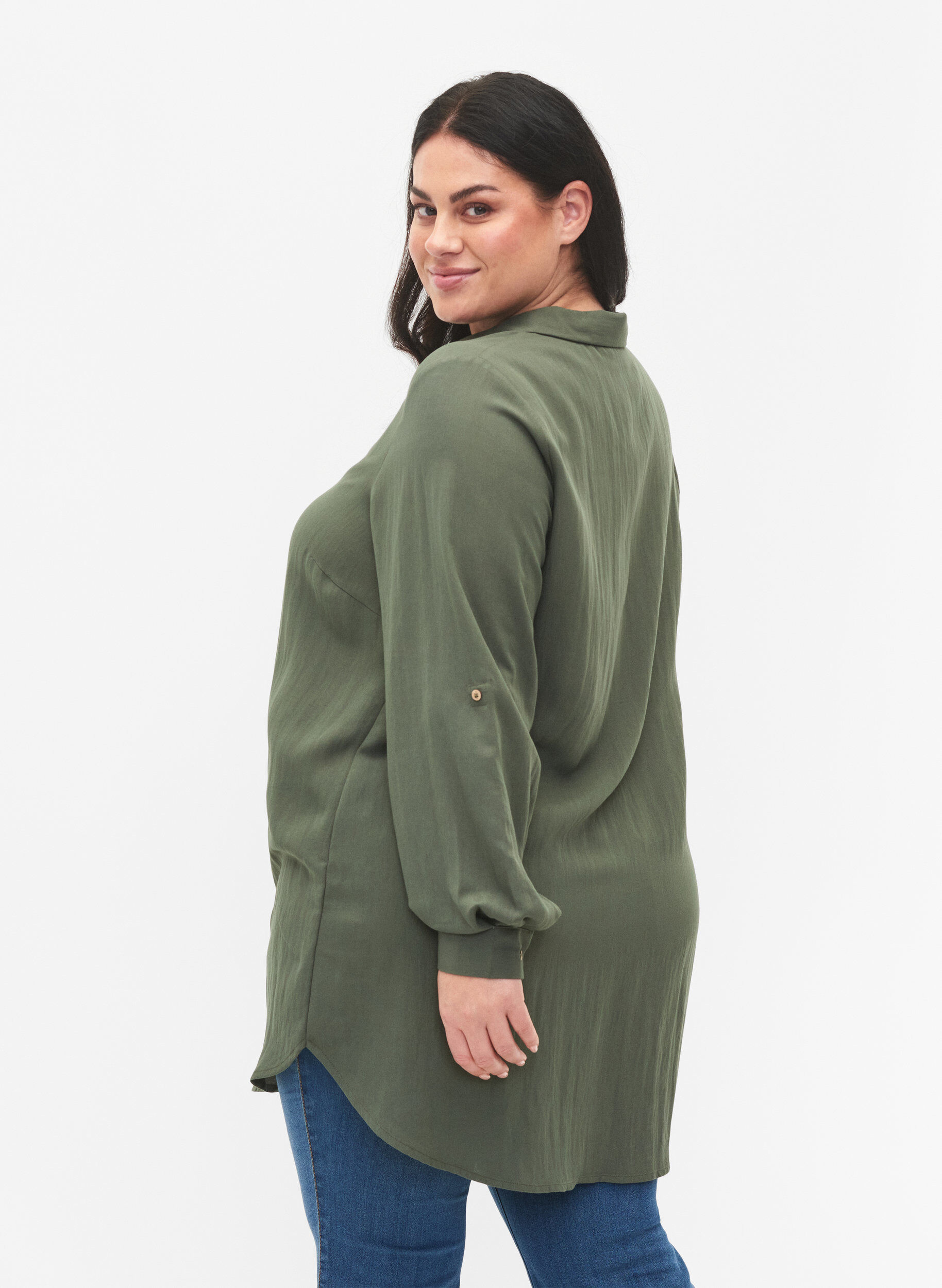 Zizzifashion Long plain viscose shirt, Thyme, Model image number 1