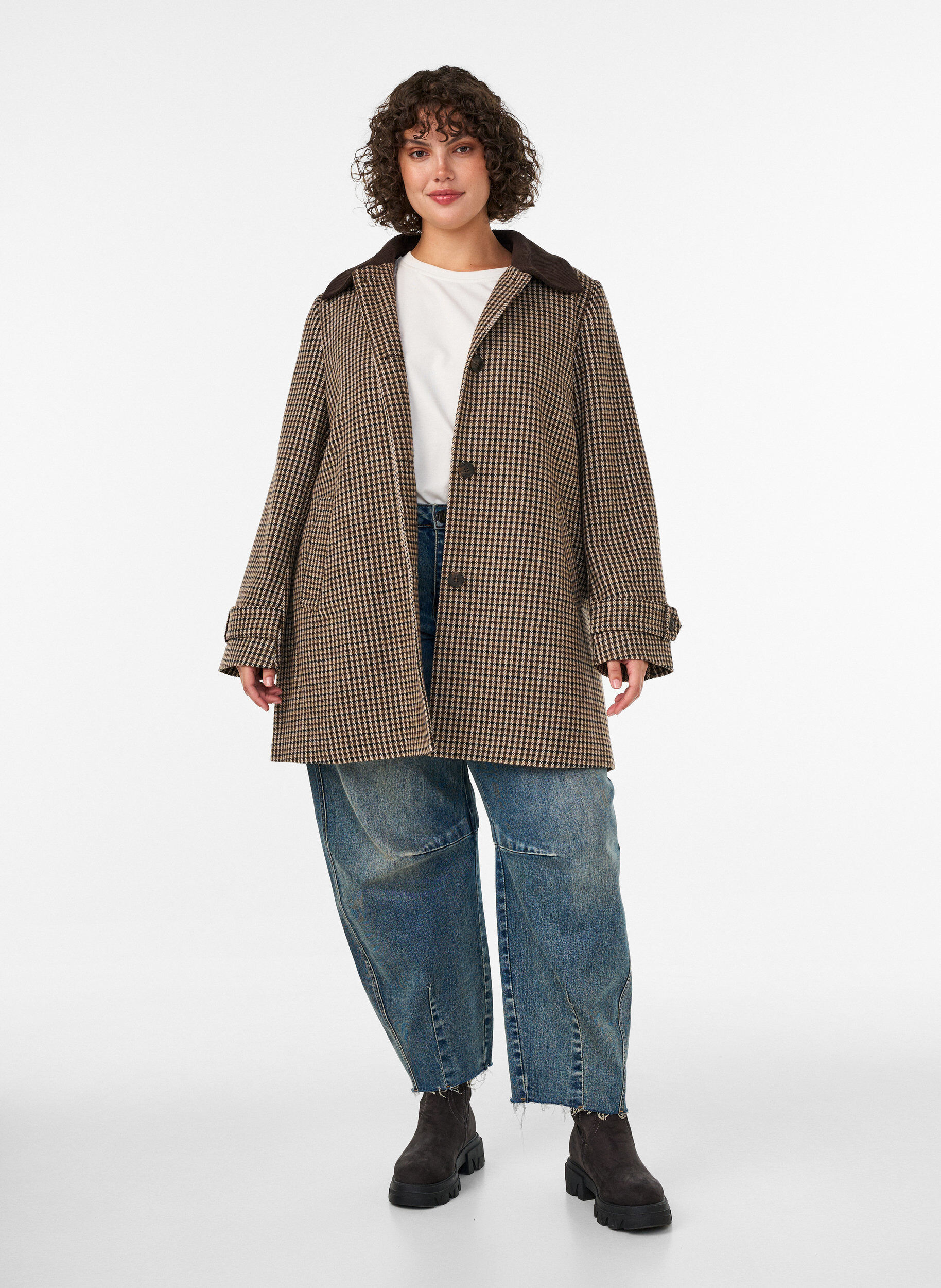 ZizzifashionChecked coat with corduroy collar, Brown, Model image number 1