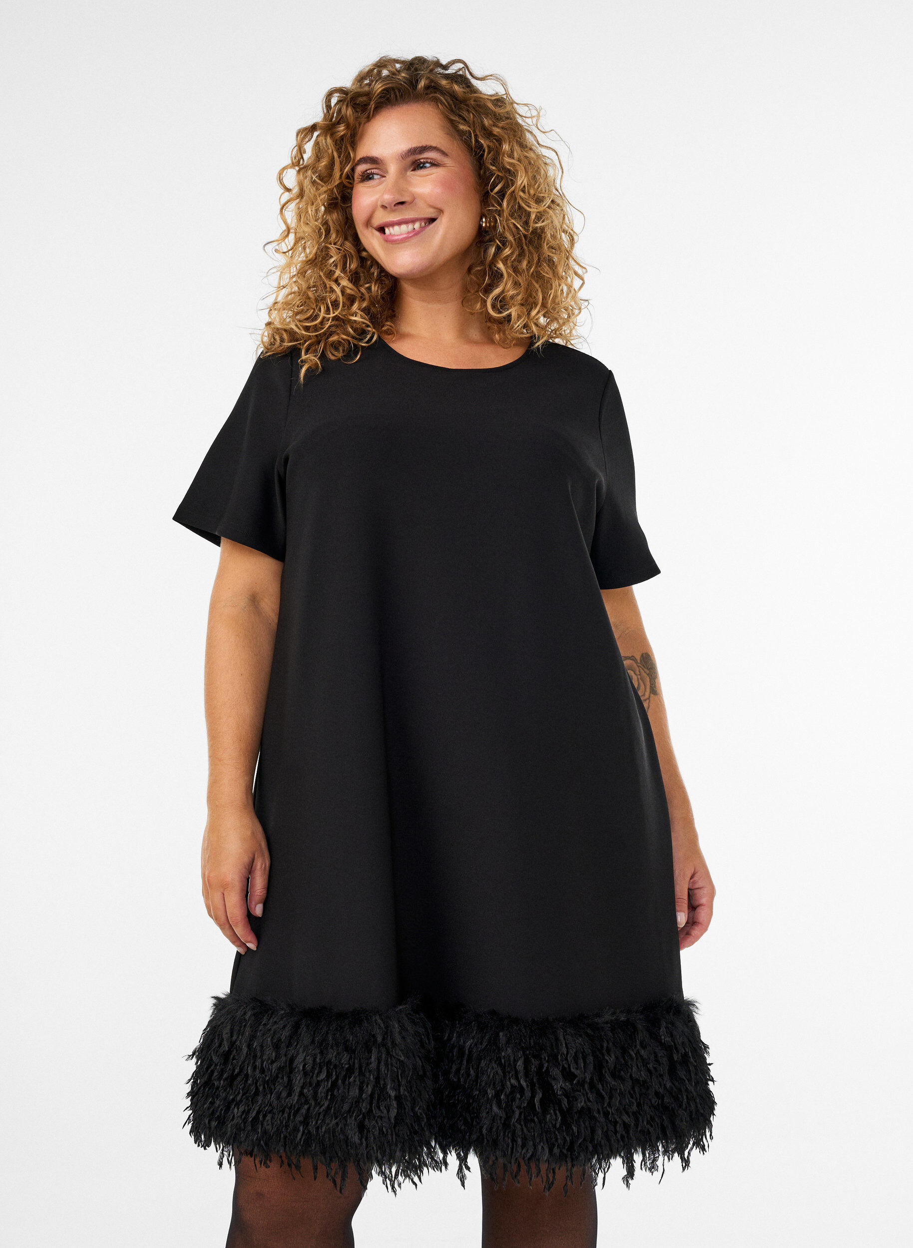 ZizzifashionShort jersey dress with feather trim, Black, Model image number 0