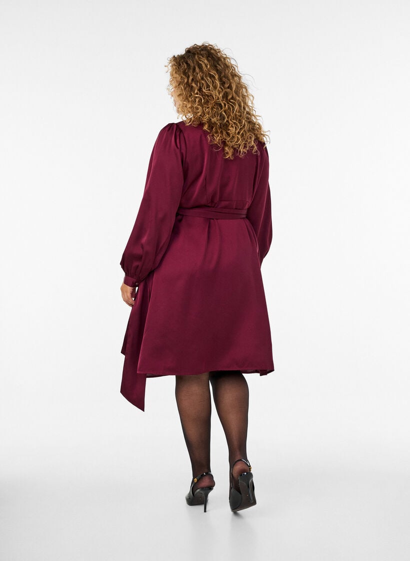 Short satin dress with wrap design, Red, Model image number 1
