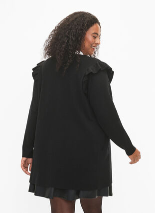 Knit cardigan with frills and pockets, Black, Model image number 1