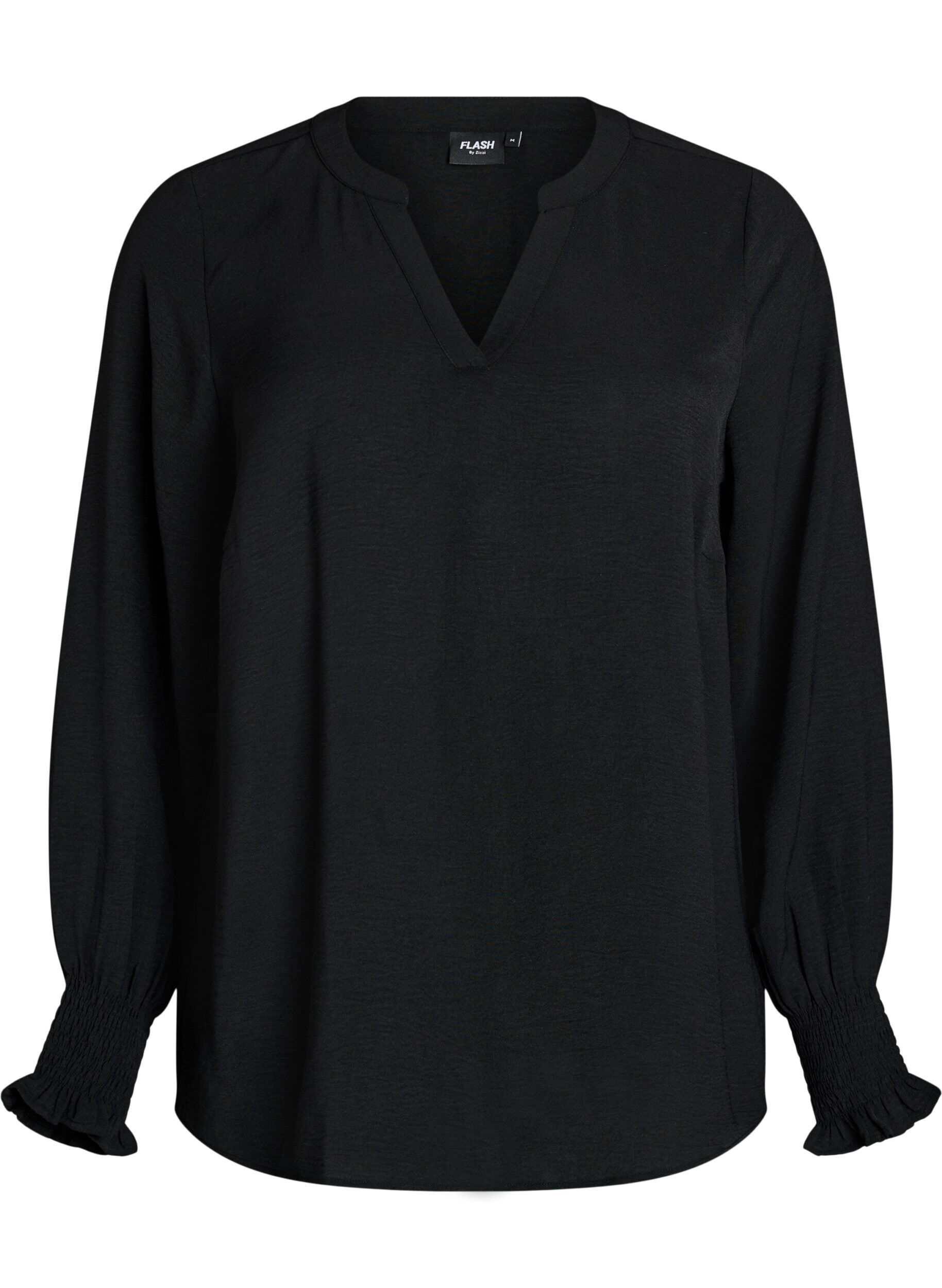 Zizzifashion Blouse with smock cuffs and V-neck, Black, Packshot image number 0