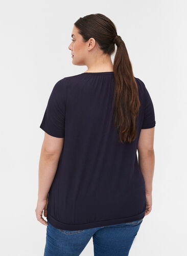 Short-sleeved viscose t-shirt with elastic, Night Sky, Model image number 1