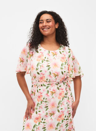 Short sleeve midi dress with floral print, White w. Pink Flower, Model image number 2