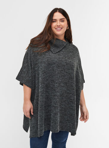 Short-sleeved knitted poncho with collar, Dark Grey Melange, Model image number 0