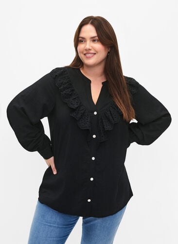 Viscose shirt blouse with ruffles, Black, Model image number 0