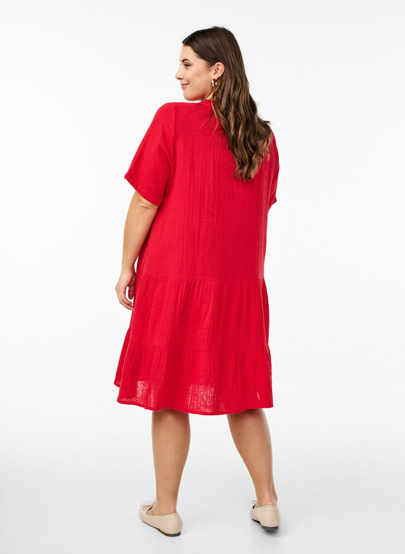 Short A-line dress in cotton muslin, Red, Model image number 2