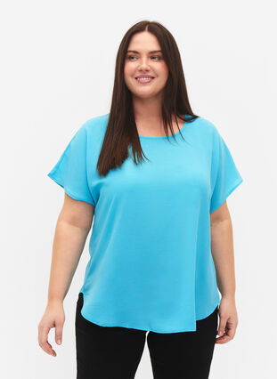 Blouse with short sleeves and a round neckline - Blue - Sz. 42-60 -  Zizzifashion