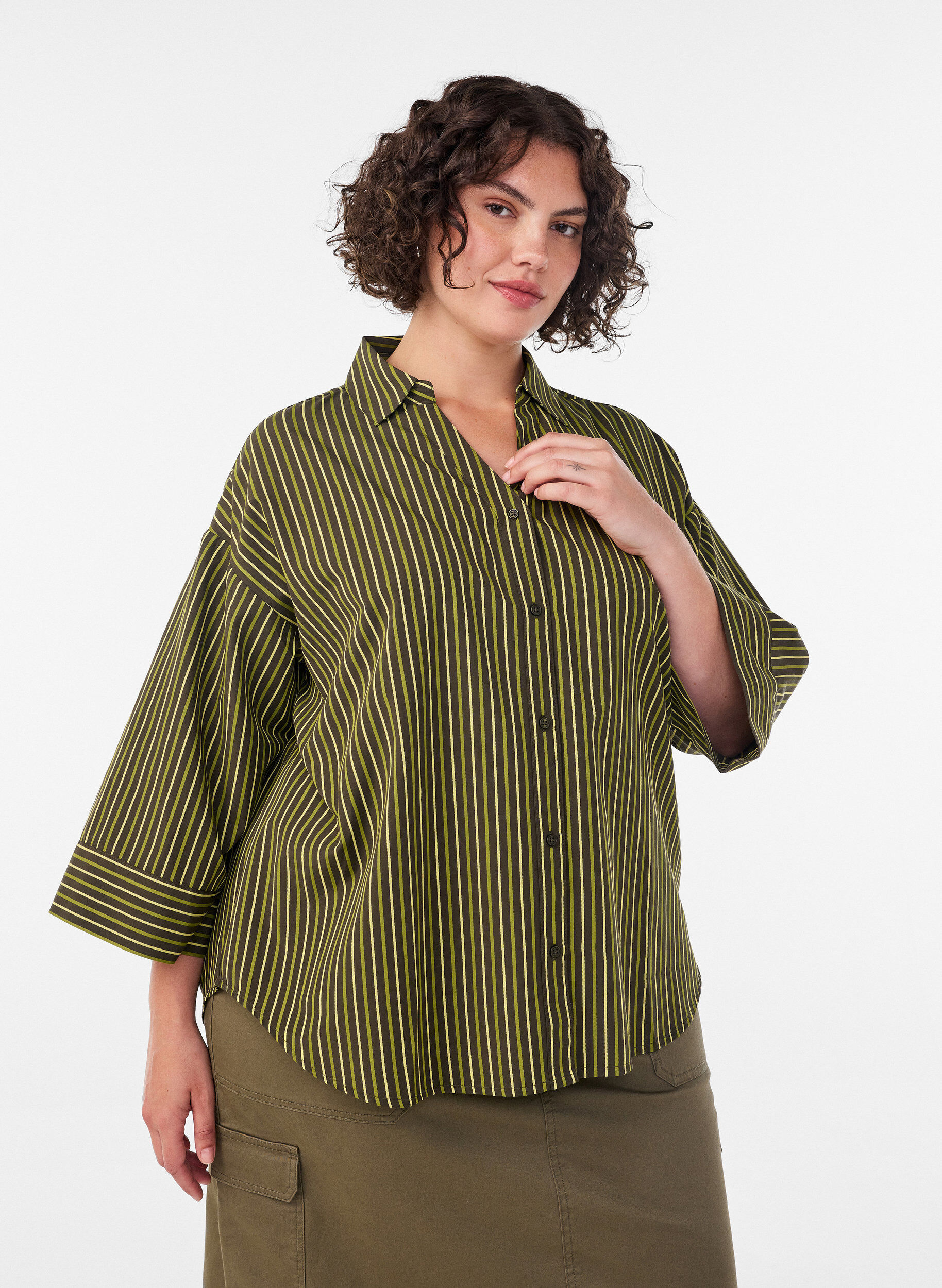 ZizzifashionLoose striped shirt with 3/4 sleeves, Green, Model image number 0