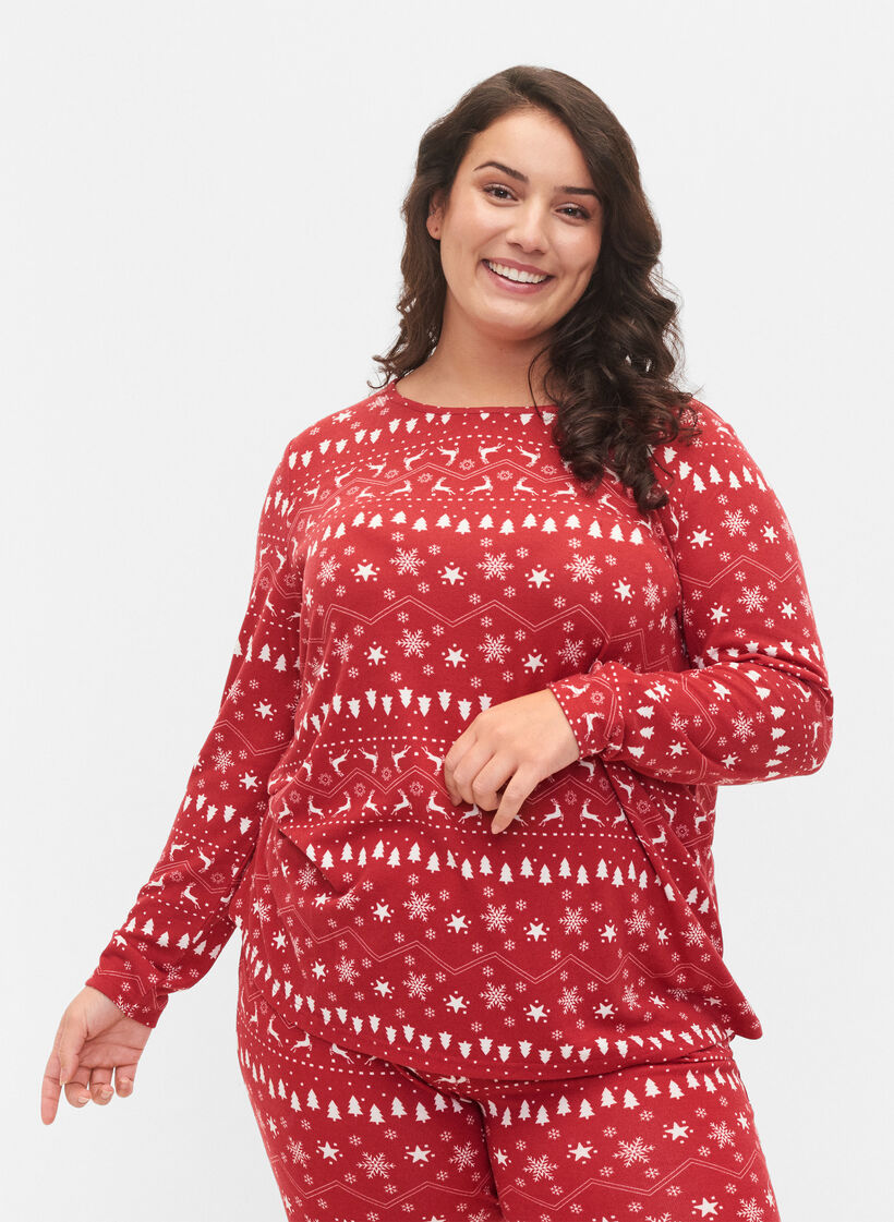 Top with Christmas print, Tango Red/White AOP, Model image number 0