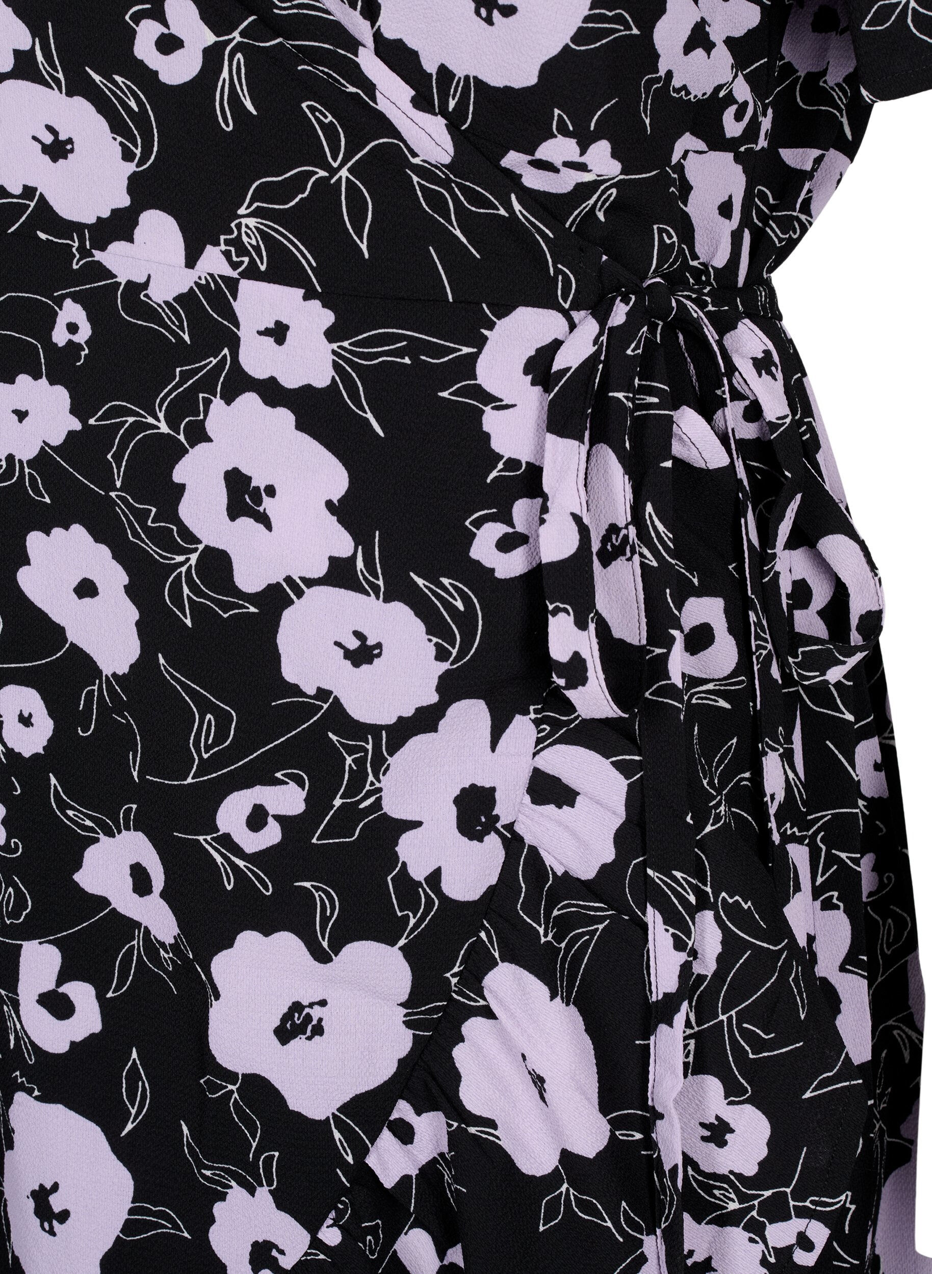Zizzifashion Floral wrap dress with short sleeves, Black, Packshot image number 3