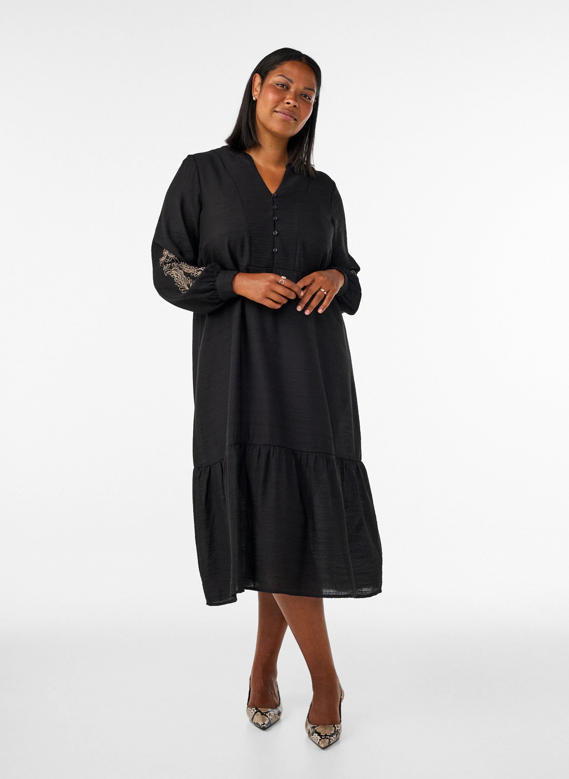 ZizzifashionViscose dress with embroidery and tiered ruffles, Black, Model image number 0