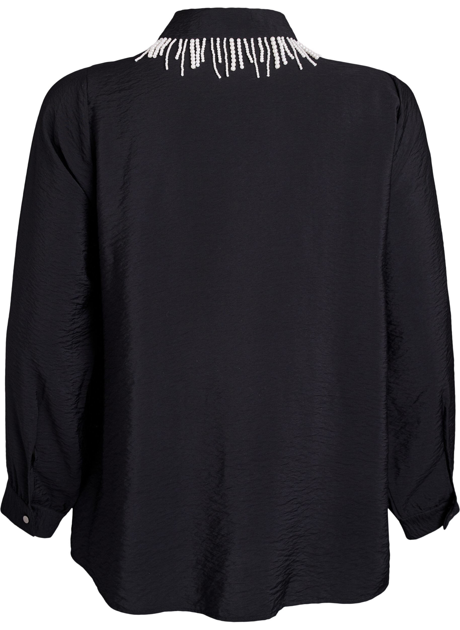 Zizzifashion Viscose shirt with pearl fringes on the collar, Black, Packshot image number 1