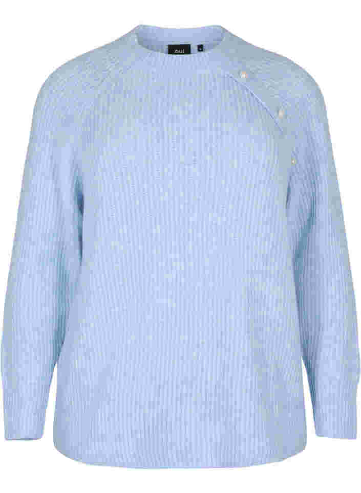 Melange knit sweater with pearl buttons, Light Blue Mel., Packshot image number 0